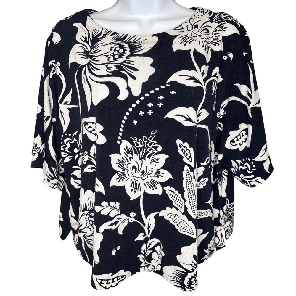 Adrianna Papell Navy Blue Floral Dolman Blouse Sz L Button Back Office Chic Flow